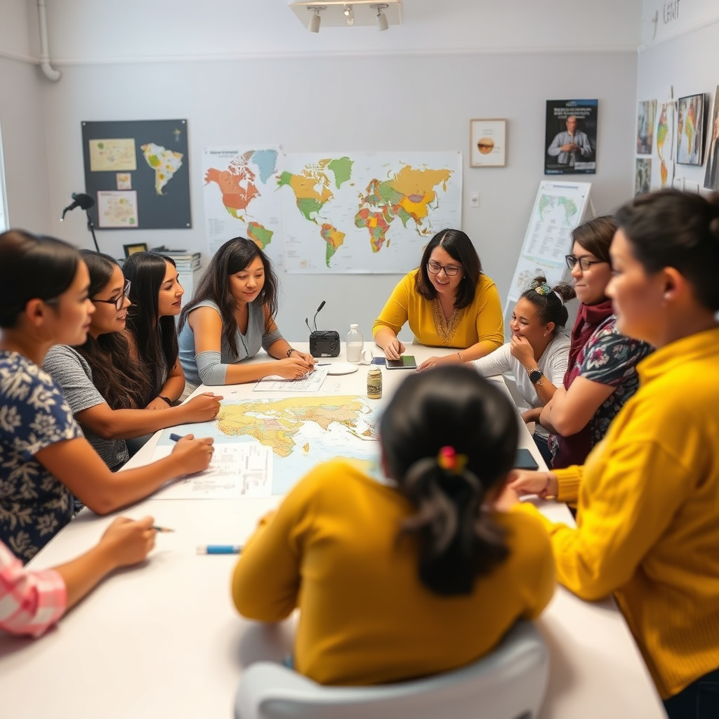 A diverse group of people are gathered around a table, planning community events and cultural exchanges. The setting is bright and collaborative, with maps and cultural artifacts displayed prominently. The image should evoke a sense of empowerment and shared purpose. Style: warm, inviting, community-focused.