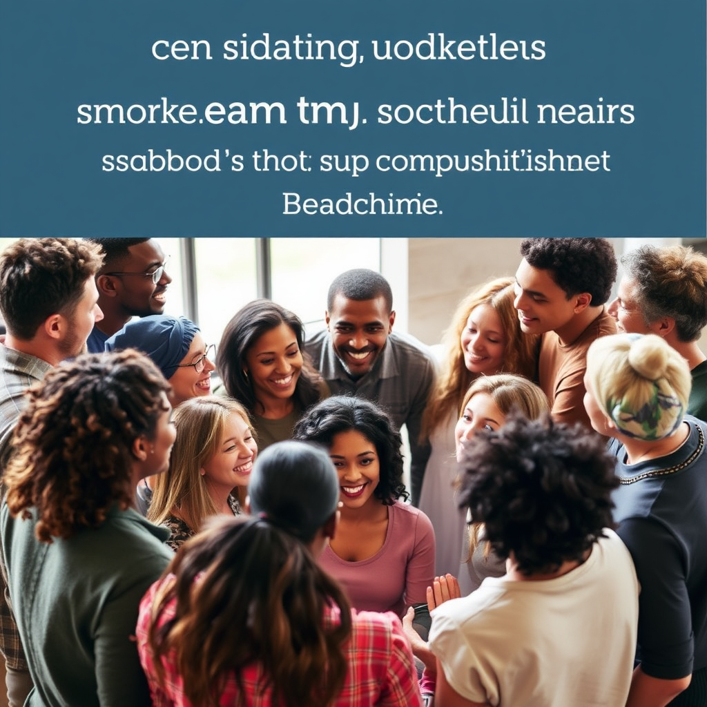 A diverse group of people gathered in a circle, symbolizing community and connection. They are smiling and engaged in conversation. The atmosphere is warm and inviting. The image should evoke a sense of belonging, support, and shared experience.