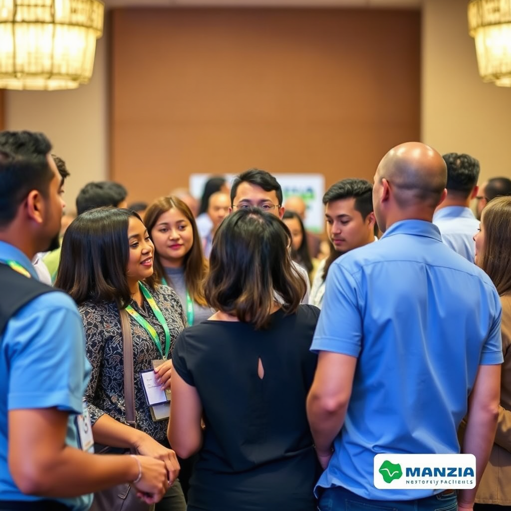 A diverse group of Wanzia-bnb licensees are gathered at a conference, networking and sharing best practices. The image conveys a sense of community and collaboration. Style: connected, collaborative, diverse.