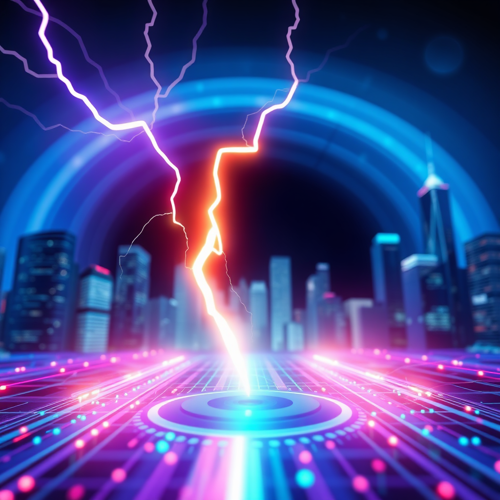 A dynamic image featuring a lightning bolt striking a digital network, symbolizing fast and efficient data transmission. The background is a stylized cityscape, representing the U.S. market. The lighting should be dramatic, emphasizing the speed and power of the payment processing. The color palette should be vibrant, with blues, purples, and greens to convey speed and technology. The camera angle should be slightly low, emphasizing the height and scale of the network. Texture details: high-tech and futuristic, with a clean and polished look. Style: Modern, abstract, and energetic. Technical specs: 8K resolution, stylized rendering.