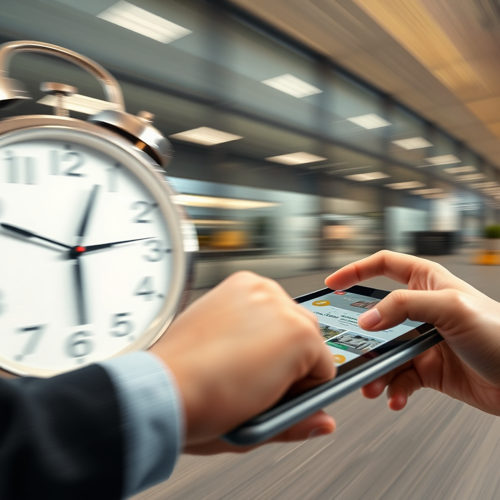A fast-motion sequence showing a clock speeding up as a person effortlessly browses apartment listings on a tablet. The background is blurred to emphasize the speed and efficiency. Color palette: Bright and energetic colors to convey a sense of urgency. Camera angle: Dynamic and engaging. Texture details: Focus on the smooth surface of the tablet and the blurred background. Style reference: Time-lapse photography.