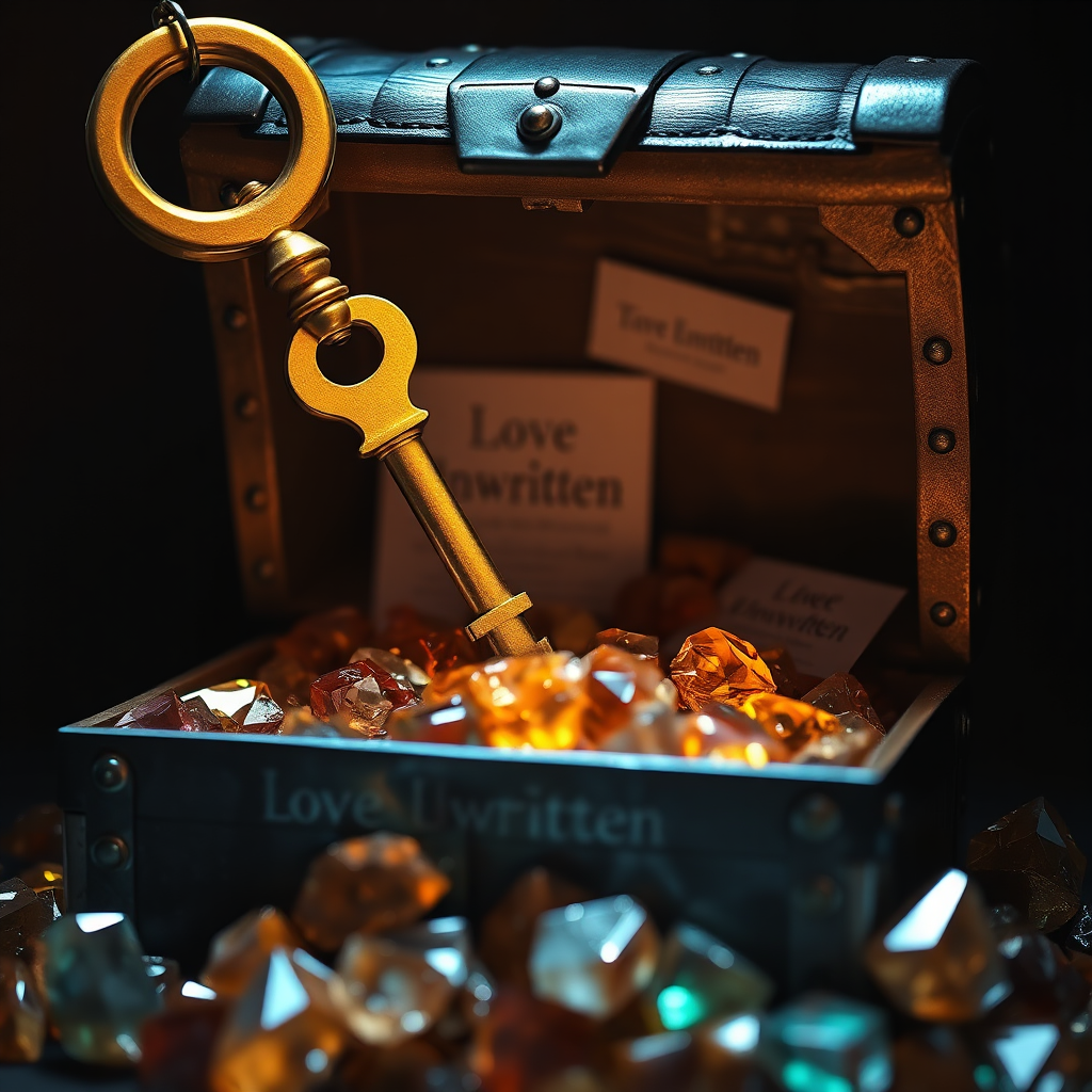 A golden key unlocking a treasure chest overflowing with exclusive content related to 'Love Unwritten'. The lighting is dramatic, emphasizing the value and allure of the hidden gems. A sense of discovery and reward.