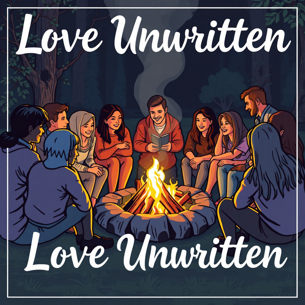 A group of diverse people gathered around a virtual campfire, sharing stories and laughter related to 'Love Unwritten'. The atmosphere is warm and inviting, emphasizing the sense of belonging and connection.
