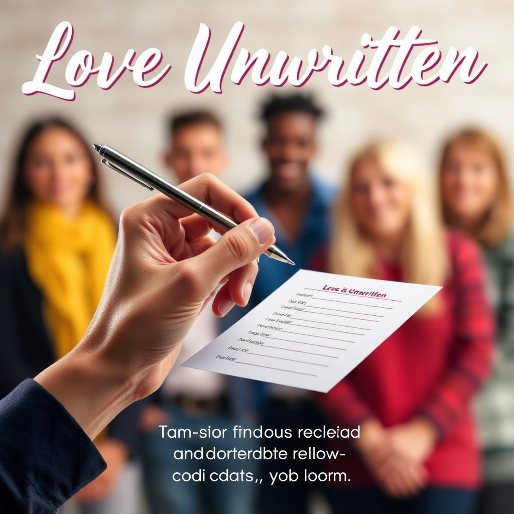 A hand holding a pen, hovering over a survey form related to 'Love Unwritten'. The background is a blurred image of the author and production team, suggesting collaboration and audience involvement. Empowering and interactive visual.