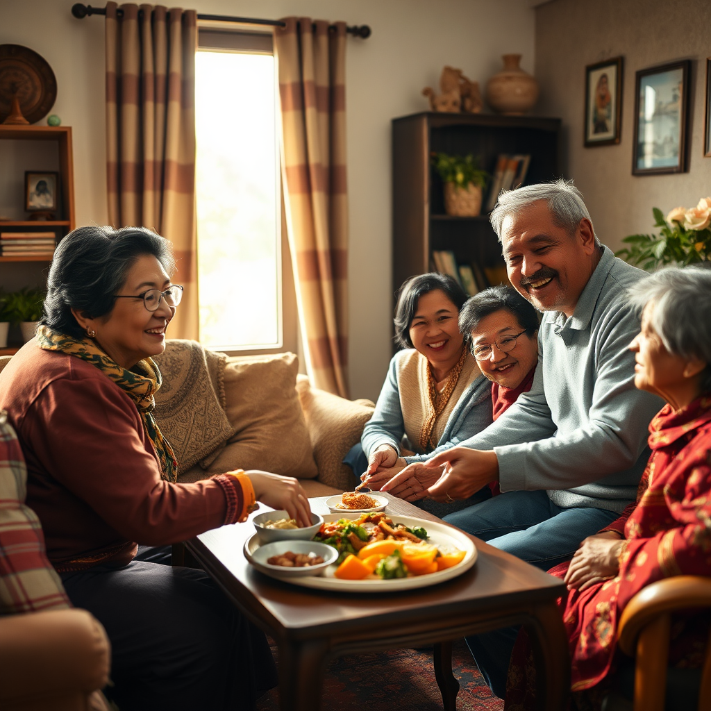 A heartwarming image depicting a multi-generational family welcoming a traveler into their home. The scene is set in a cozy living room, adorned with cultural artifacts and personal touches. The family is smiling warmly, offering the traveler a traditional meal. Soft, natural light streams through the window, creating a sense of comfort and belonging. The composition should emphasize the connection and exchange between the host family and the guest. Camera angle: eye-level, medium shot. Environment: a warm, inviting home interior. Props: Traditional food, cultural artifacts, family photos. Style: Photorealistic, warm color palette, emphasizing genuine human connection. Technical Specs: 4K resolution, high quality.