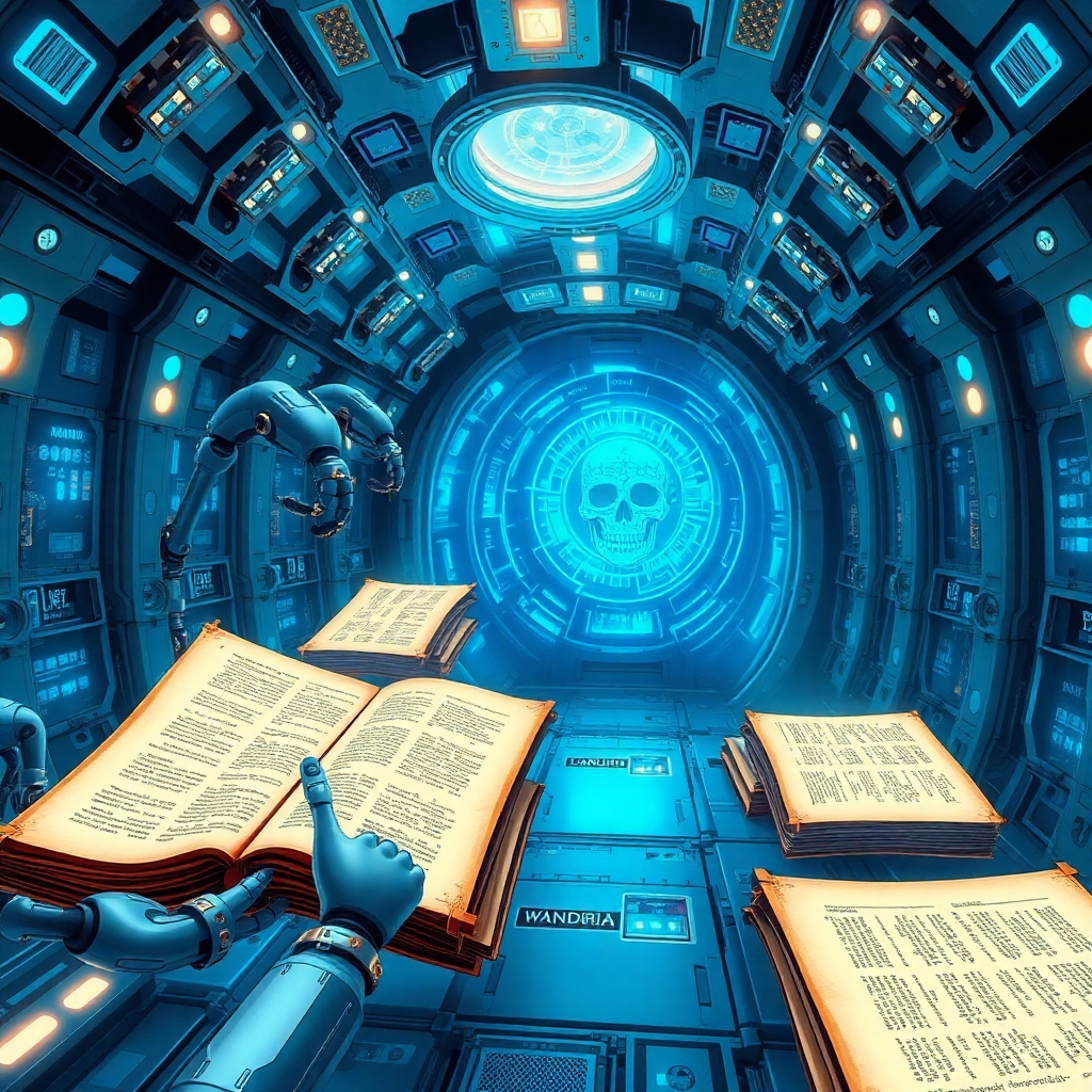 A highly stylized, intricately detailed rendering of a futuristic vault, filled with glowing data streams and holographic projections of ancient texts. Robotic arms delicately handle scrolls, transferring their contents to secure digital archives. The environment is sterile and pristine, with advanced security measures visible throughout, emphasizing the absolute protection of Wandria's archives. Blue and silver color palette.