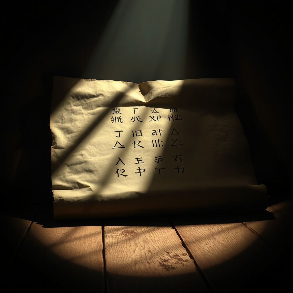 A mysterious, dimly lit room with shadows casting across a partially opened scroll revealing cryptic symbols. Emphasis is on creating a sense of intrigue and discovery through lighting and composition. Photorealistic rendering to convey the texture of aged paper and faded ink.
