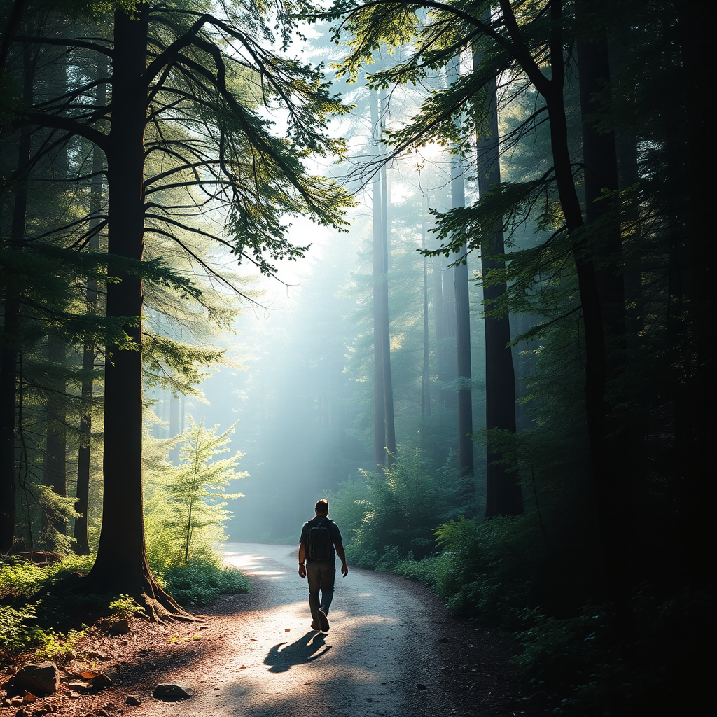 A path winding through a lush forest, with sunlight filtering through the trees, symbolizing a journey. Two figures are walking hand-in-hand along the path. The overall image should evoke a sense of adventure, discovery, and companionship.