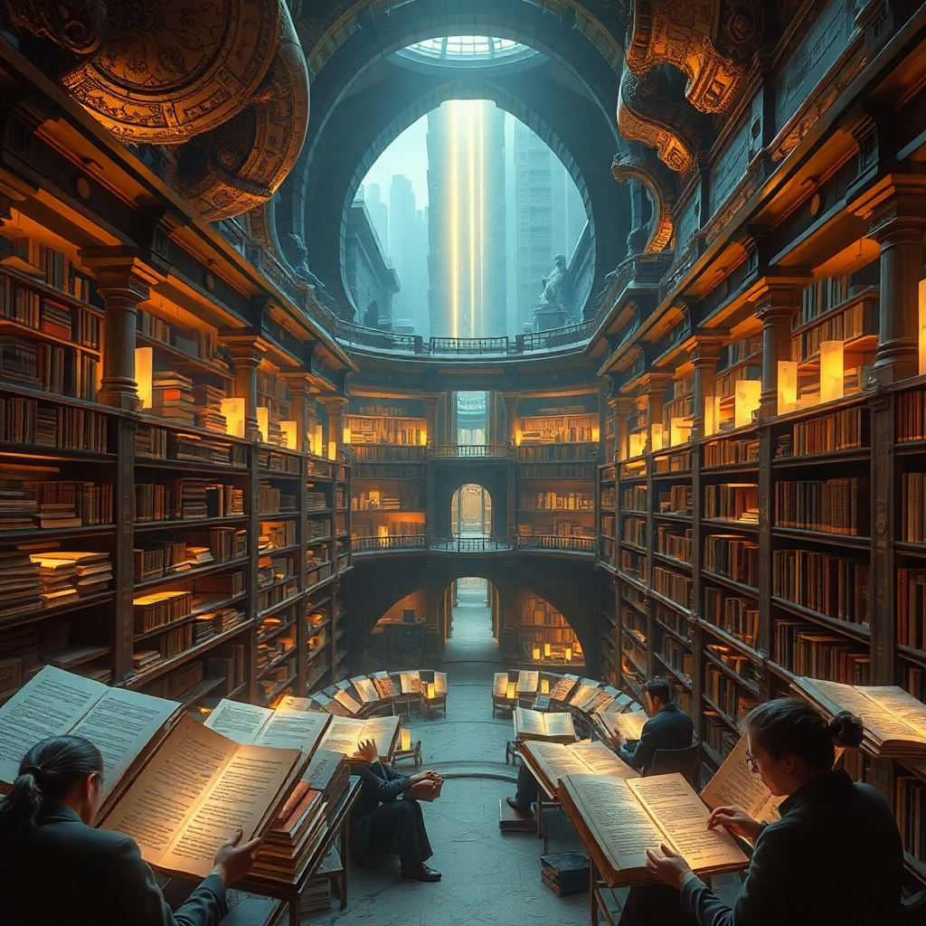 A photorealistic, breathtaking view of an ancient library hidden deep beneath a modern city. The library is filled with glowing scrolls, each emitting a soft light that illuminates the faces of scholars meticulously studying them. The architecture blends classical and futuristic elements, symbolizing the timelessness of knowledge and Wandria's forward-thinking approach to preservation. Golden light streams through hidden apertures.