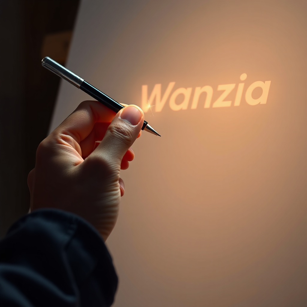 A photorealistic close-up of an artist's hand holding a pen, poised above a blank canvas. The hand is illuminated by a soft, golden light, symbolizing the spark of inspiration. In the background, a faint image of the Wanzia logo can be seen, representing the support and empowerment the platform provides. The overall feeling is one of creativity, freedom, and control. Use a shallow depth of field to focus on the hand and the pen. High quality, 4K resolution.