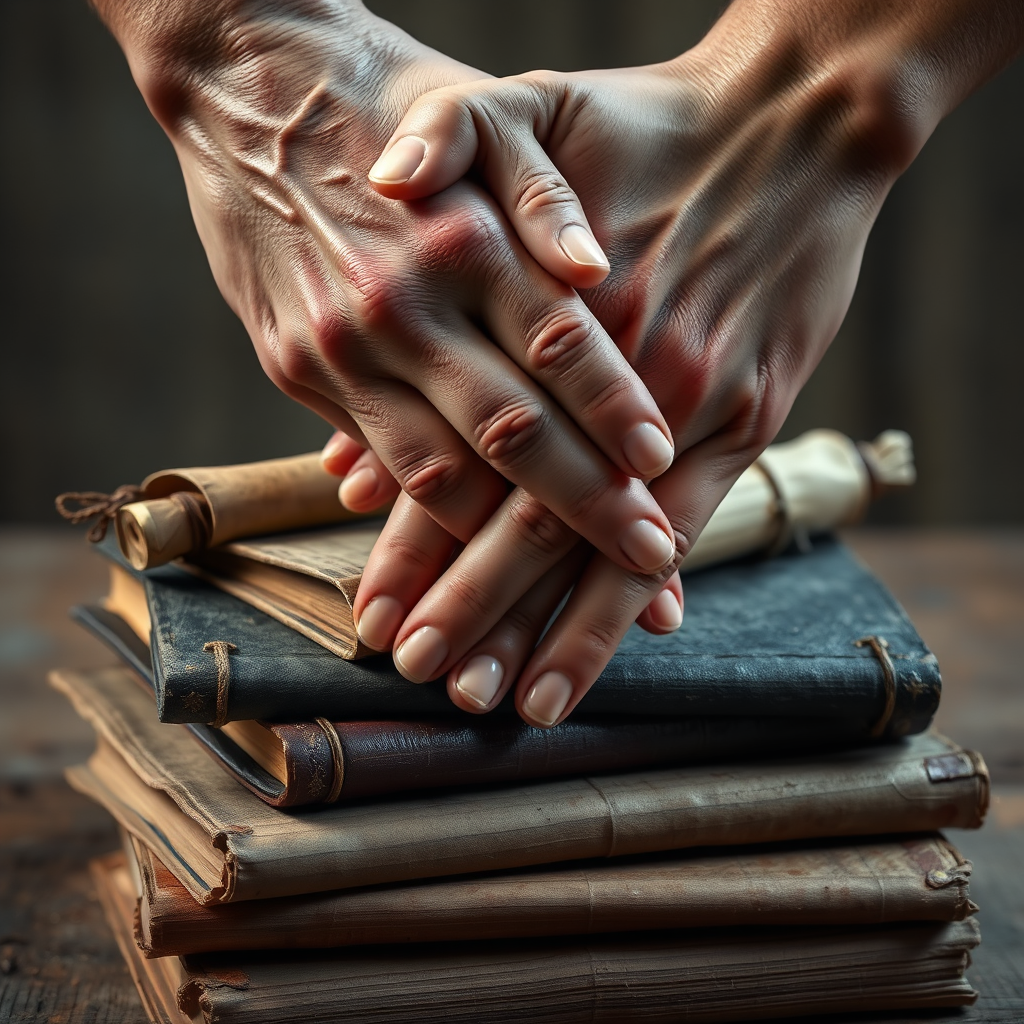 A photorealistic depiction of two hands intertwining over a stack of books and scrolls. The hands are rendered with realistic textures and subtle details. The books and scrolls are aged and worn, suggesting a history of knowledge and wisdom. The background is blurred, emphasizing the connection between the two hands. The image should evoke a sense of trust, intimacy, and shared understanding.