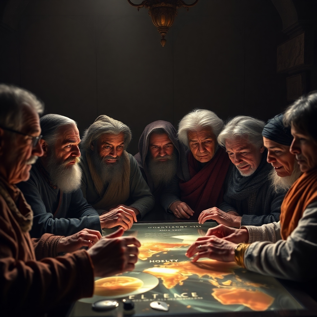 A photorealistic depiction of a dimly lit chamber where a diverse group of 'legacy witnesses' are gathered around a holographic table. They are sharing stories and memories from different eras. The faces are etched with the wisdom of experience, and the atmosphere is filled with reverence and respect for the past. Soft, warm lighting highlights their expressions.