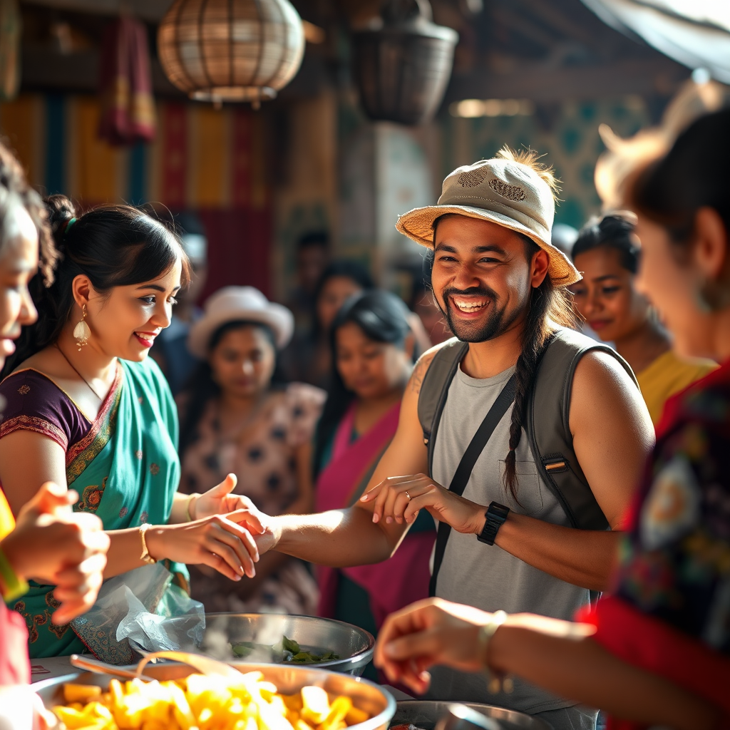 A photorealistic image depicting a traveler participating in a local cultural activity, such as a traditional dance or cooking class, surrounded by locals. The scene is vibrant and engaging, showcasing the richness of the local culture. The lighting is warm and inviting, creating a sense of connection and immersion.