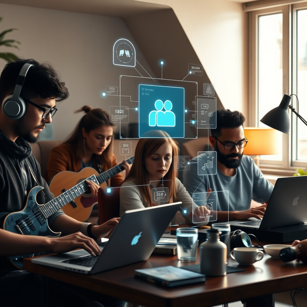 A photorealistic image depicting a diverse group of creators working on various projects.