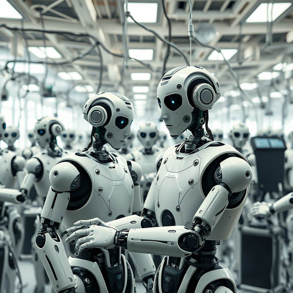 A photorealistic image depicting a network of interconnected robots performing various tasks seamlessly. The scene is brightly lit and conveys efficiency. 4k Resolution.