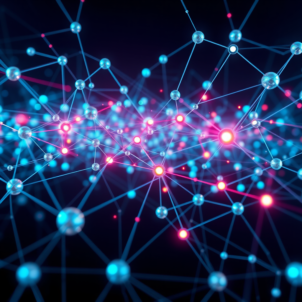 A photorealistic image displaying a complex network of interconnected digital nodes, representing digital systems. Data streams flow between the nodes, creating a dynamic and visually engaging scene. The color palette is cool and modern, with accents of vibrant colors to highlight important connections. The overall style is clean and professional. Technical Specs: 4K resolution, detailed textures.