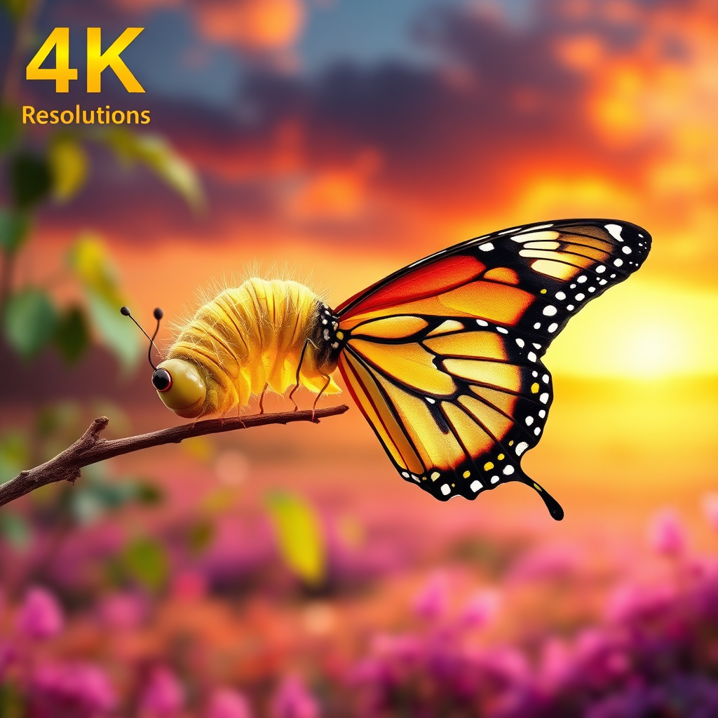 A photorealistic image of a caterpillar transforming into a butterfly, representing the process of digital transformation. The background is a vibrant digital landscape. 4k Resolution.