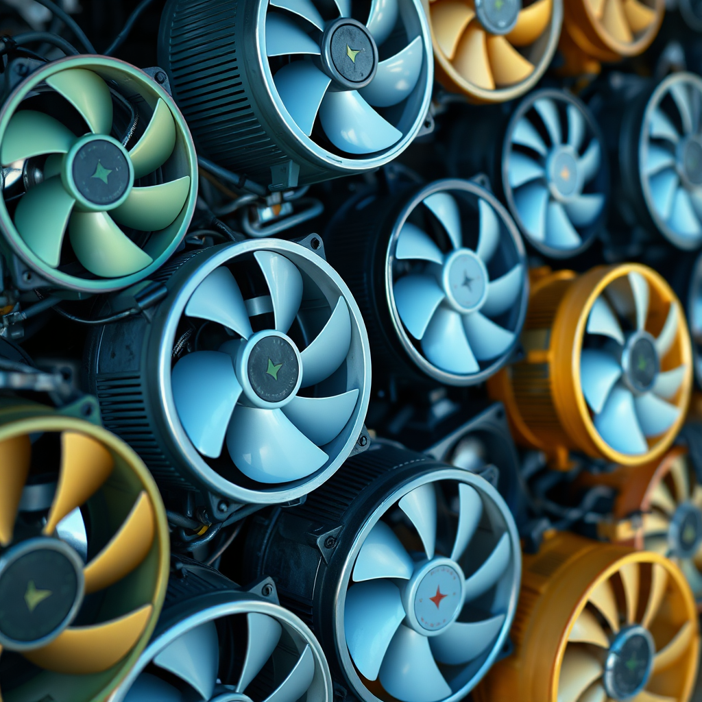 A photorealistic image of a collection of fans. High quality, 4K resolution.