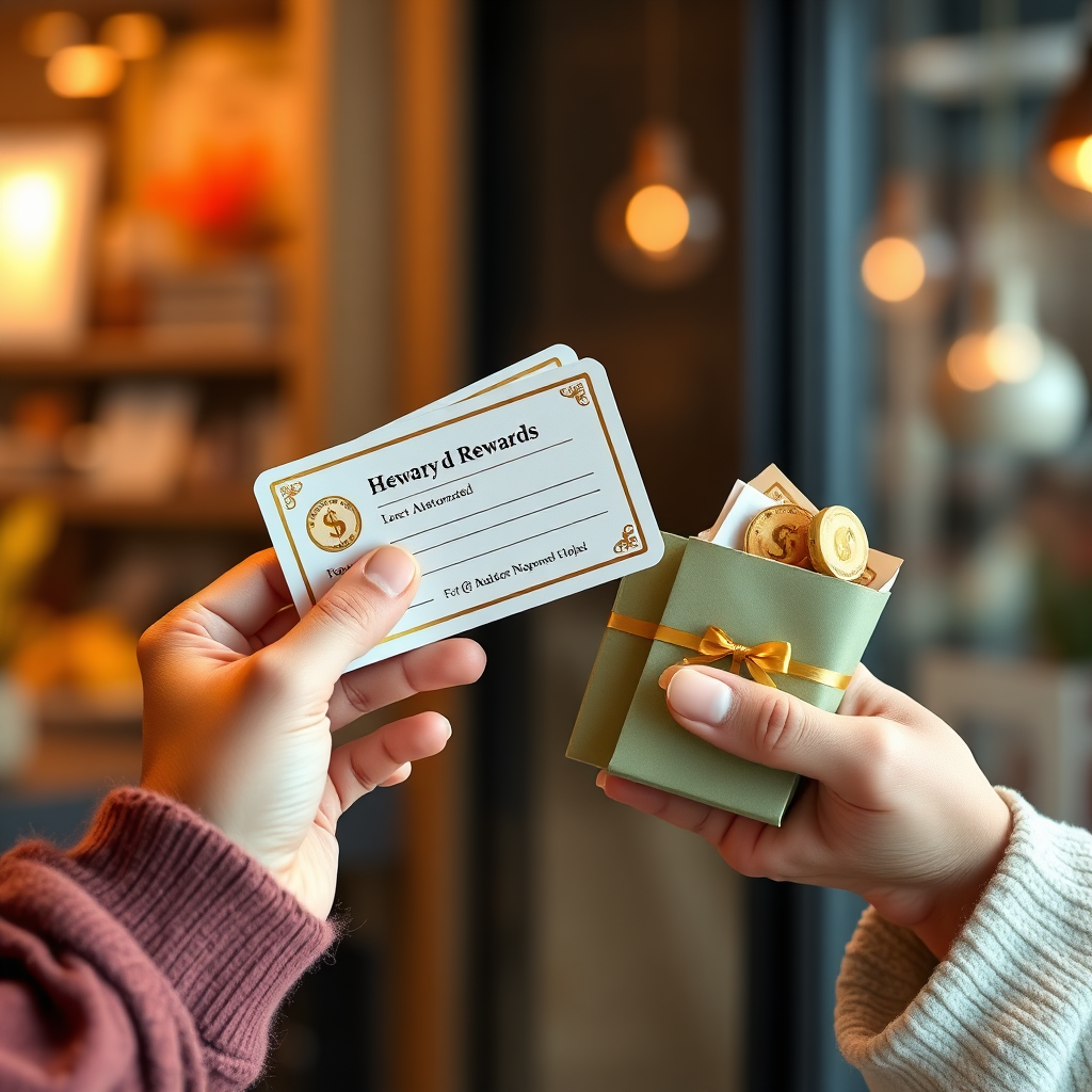 A photorealistic image of a customer receiving rewards through an automated loyalty program. The rewards are personalized and valuable, creating a sense of appreciation. The color palette is celebratory and rewarding, with a focus on building customer loyalty. The image should convey the idea of automating loyalty programs for long-term engagement.