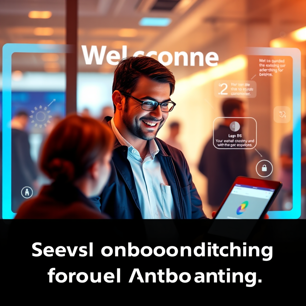 A photorealistic image of a customer being welcomed into a digital ecosystem. The onboarding process is smooth and intuitive, with a focus on guiding the customer through the initial stages. The color palette is warm and inviting, creating a positive first impression. The image should convey the idea of a seamless onboarding experience through automation.