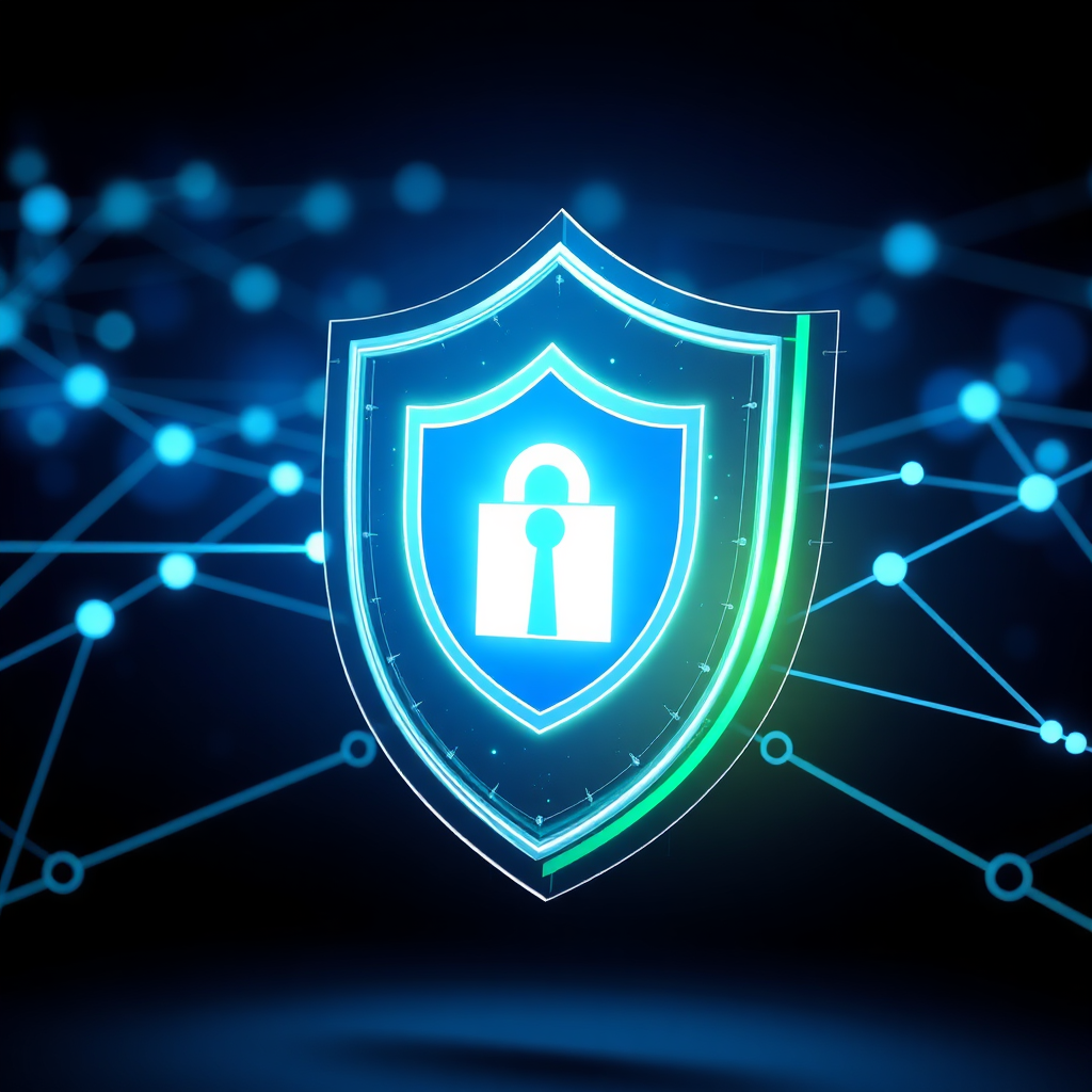 A photorealistic image of a digital shield protecting a network of interconnected devices. The shield represents unwavering security, and the network symbolizes seamless data flow. The lighting should be dramatic, emphasizing the strength and protection of the shield. The color palette should be predominantly blue and green to convey security and trust. The camera angle should be slightly angled, providing a clear view of the shield and the network. Texture details: high-tech and futuristic, with a clean and polished look. Style: Modern, abstract, and security-focused. Technical specs: 8K resolution, photorealistic rendering.