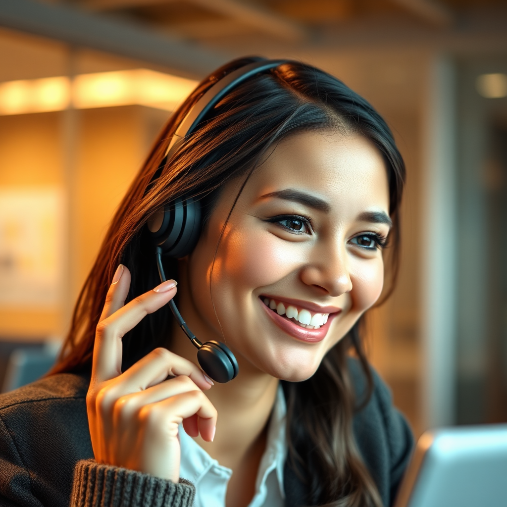 A photorealistic image of a friendly customer service representative assisting a client on the phone, with a supportive and helpful expression. The background shows a modern call center. The color palette is warm and inviting. Camera angle: Close-up, focusing on the representative's face. Texture details: Natural skin tones, professional attire. Style: Natural, approachable, professional. Technical specs: 8K resolution, photorealistic rendering.