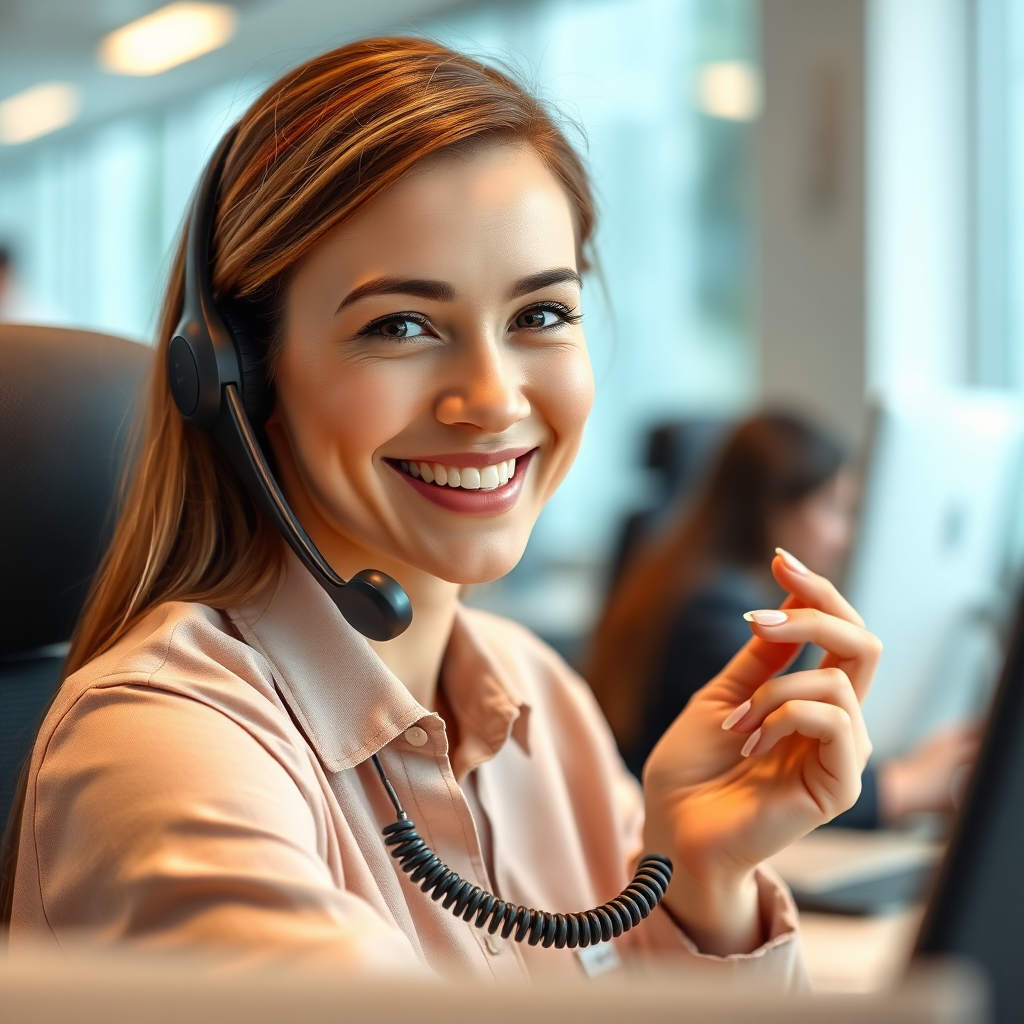 A photorealistic image of a friendly customer service representative answering a phone with a smile. The background shows a modern and well-equipped call center. The lighting should be warm and inviting, emphasizing the helpfulness of the representative. The color palette should be soft and neutral, conveying a sense of trust and approachability. The camera angle should be slightly zoomed in, focusing on the face of the representative. Texture details: natural and realistic, emphasizing the genuine emotion of the scene. Style: Natural, professional, and supportive. Technical specs: 8K resolution, photorealistic rendering.