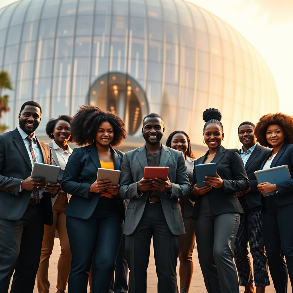 A photorealistic image of a group of diverse African professionals standing confidently in front of a futuristic building. The building is a hub of innovation and technology. The professionals are holding tablets and laptops, showcasing their digital skills. The lighting is warm and empowering. Camera angle: Medium shot, capturing the group's collective strength and ambition. Technical Specs: 4K resolution, sharp focus.