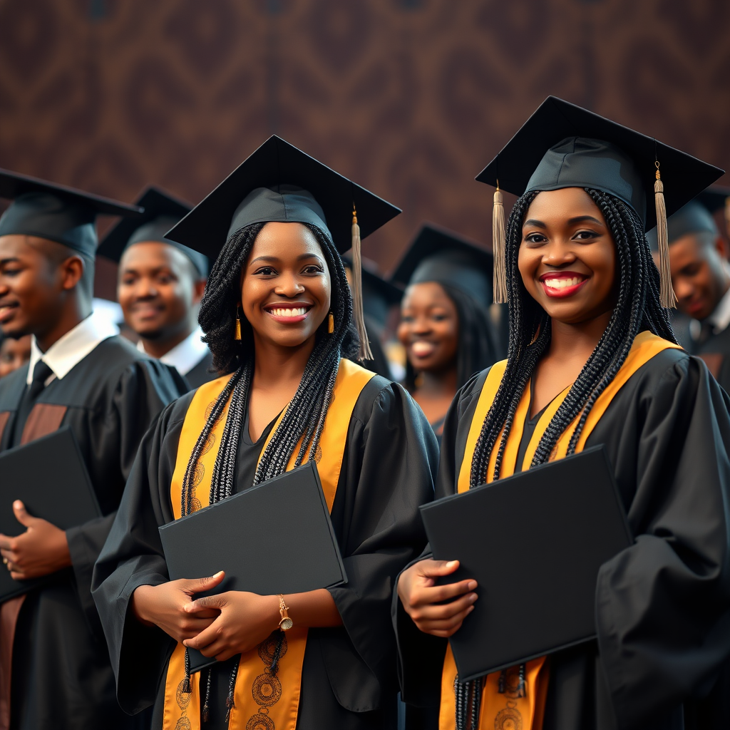 A photorealistic image of a graduation ceremony, with graduates in gowns smiling and holding diplomas. African patterns should be incorporated in the background subtly. Lighting should be warm and celebratory.