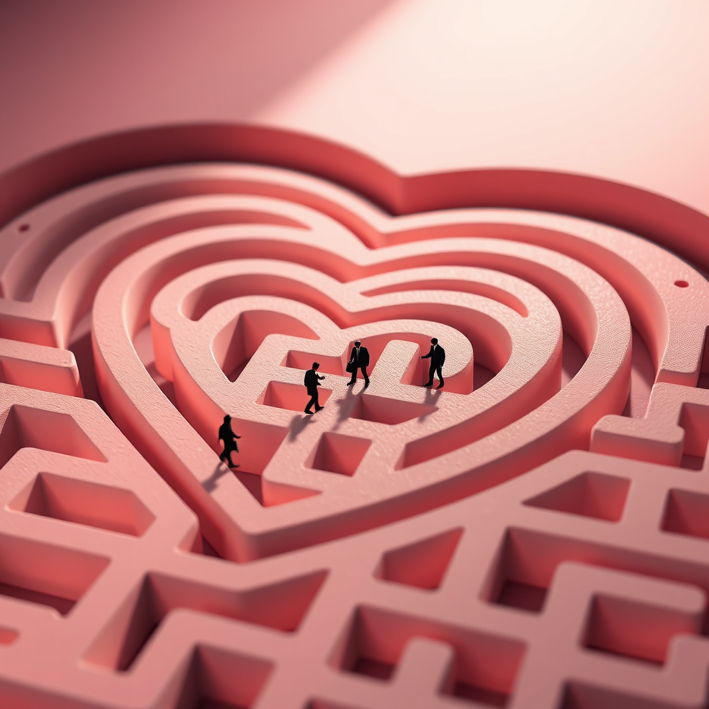A photorealistic image of a heart-shaped maze with tiny figures navigating its intricate pathways. The maze is rendered in a soft, pastel color palette, with subtle lighting to create depth and shadow. The figures are silhouetted, emphasizing their journey through the emotional landscape. The overall impression is one of complexity, challenge, and the potential for discovery.