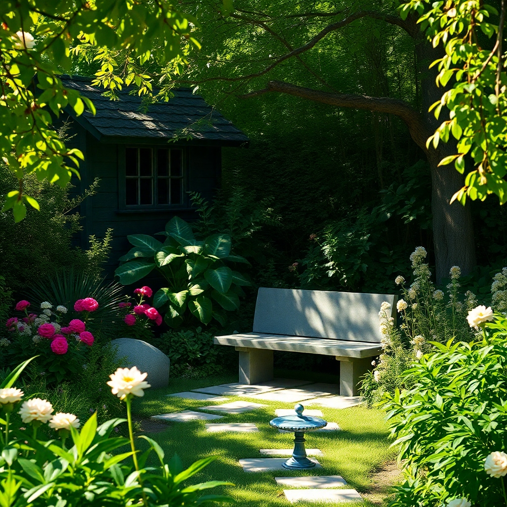  A photorealistic image of a hidden, secluded garden bathed in dappled sunlight. The garden is filled with lush greenery, blooming flowers, and a tranquil water feature. A stone bench sits invitingly in the shade, offering a place for contemplation and reflection. The composition should evoke a sense of peace, serenity, and connection to nature. 4K resolution.