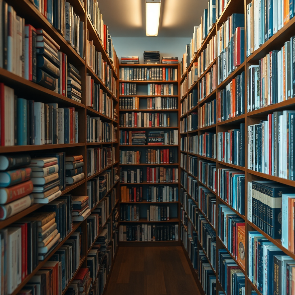 A photorealistic image of a library filled with books from different genres and authors. High quality, 4K resolution.