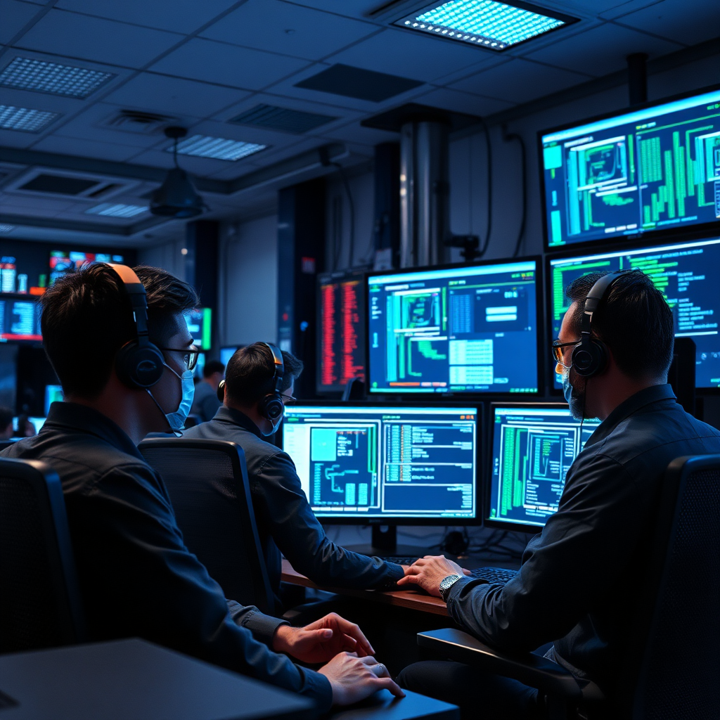 A photorealistic image of a network operations center (NOC) with analysts monitoring data streams and ensuring system stability. The analysts are focused and professional, demonstrating their expertise in managing complex systems. The lighting is cool and focused on the screens. Camera angle: Medium shot, capturing the scale and complexity of the NOC. Technical Specs: 4K resolution, detailed textures.