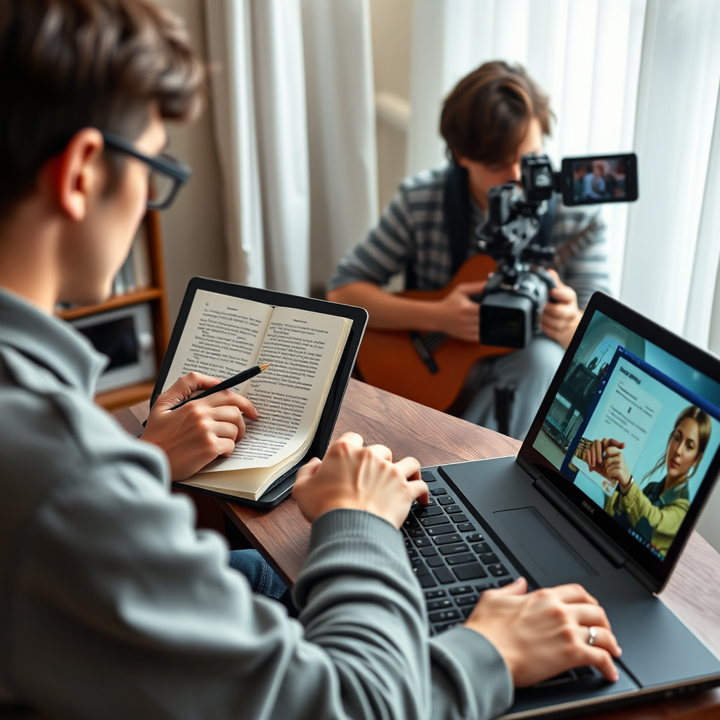 A photorealistic image of a person writing a novel on a laptop, composing music with a keyboard, and filming a video with a camera. All activities must look genuine. High quality, 4K resolution.