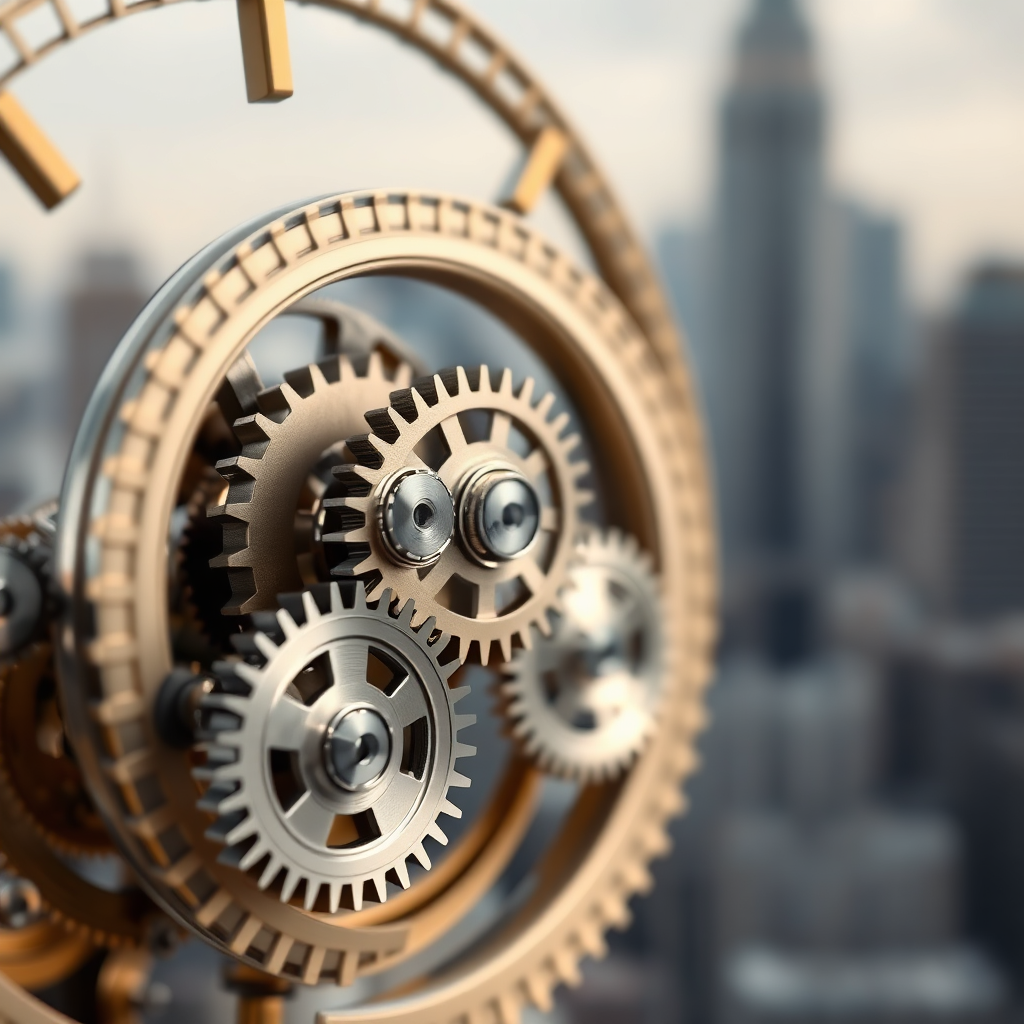 A photorealistic image of a perfectly synchronized clockwork mechanism, with gears moving smoothly and efficiently. The background is a blurred cityscape, representing the U.S. market. The lighting should be even and consistent, emphasizing the reliability of the mechanism. The color palette should be neutral, with accents of gold and silver to convey precision and quality. The camera angle should be close-up, highlighting the details of the gears and the smooth movement. Texture details: metallic and precise, with a clean and polished look. Style: Classic, timeless, and reliable. Technical specs: 8K resolution, photorealistic rendering.