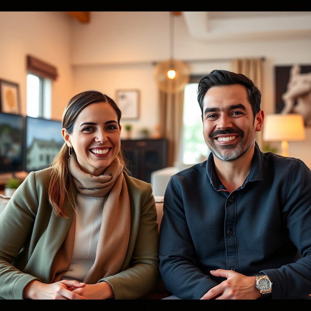 A photorealistic image of a satisfied customer on a video call with a BangLeads representative, both smiling. The background shows a modern office setup for the representative and a comfortable home setting for the customer. The lighting should be warm and inviting, highlighting the positive interaction. The color palette should be soft and neutral, conveying a sense of trust and friendliness. The camera angle should be slightly zoomed in, focusing on the faces of both individuals. Texture details: natural and realistic, emphasizing the genuine emotion of the scene. Style: Natural, professional, and approachable. Technical specs: 8K resolution, photorealistic rendering.