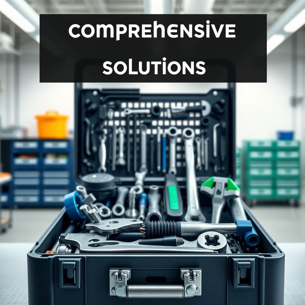 A photorealistic image of a toolbox filled with various tools and components, representing comprehensive solutions. The background shows a clean and organized workspace. The lighting should be bright and even, emphasizing the completeness of the solutions. The color palette should be neutral, with accents of blue and green to convey professionalism and reliability. The camera angle should be slightly angled, providing a clear view of the toolbox and its contents. Texture details: metallic and precise, with a clean and polished look. Style: Modern, practical, and comprehensive. Technical specs: 8K resolution, photorealistic rendering.