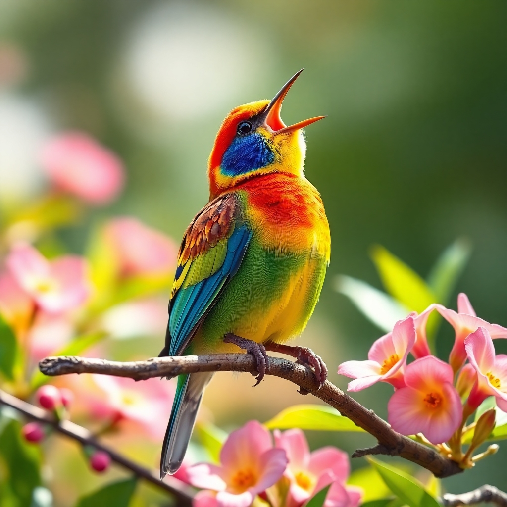 A photorealistic image of a vibrant, colorful bird singing its song. The bird is perched on a branch, surrounded by lush greenery and blooming flowers. The image should evoke a sense of joy, freedom, and authentic expression. The lighting should be bright and cheerful. 4K resolution.