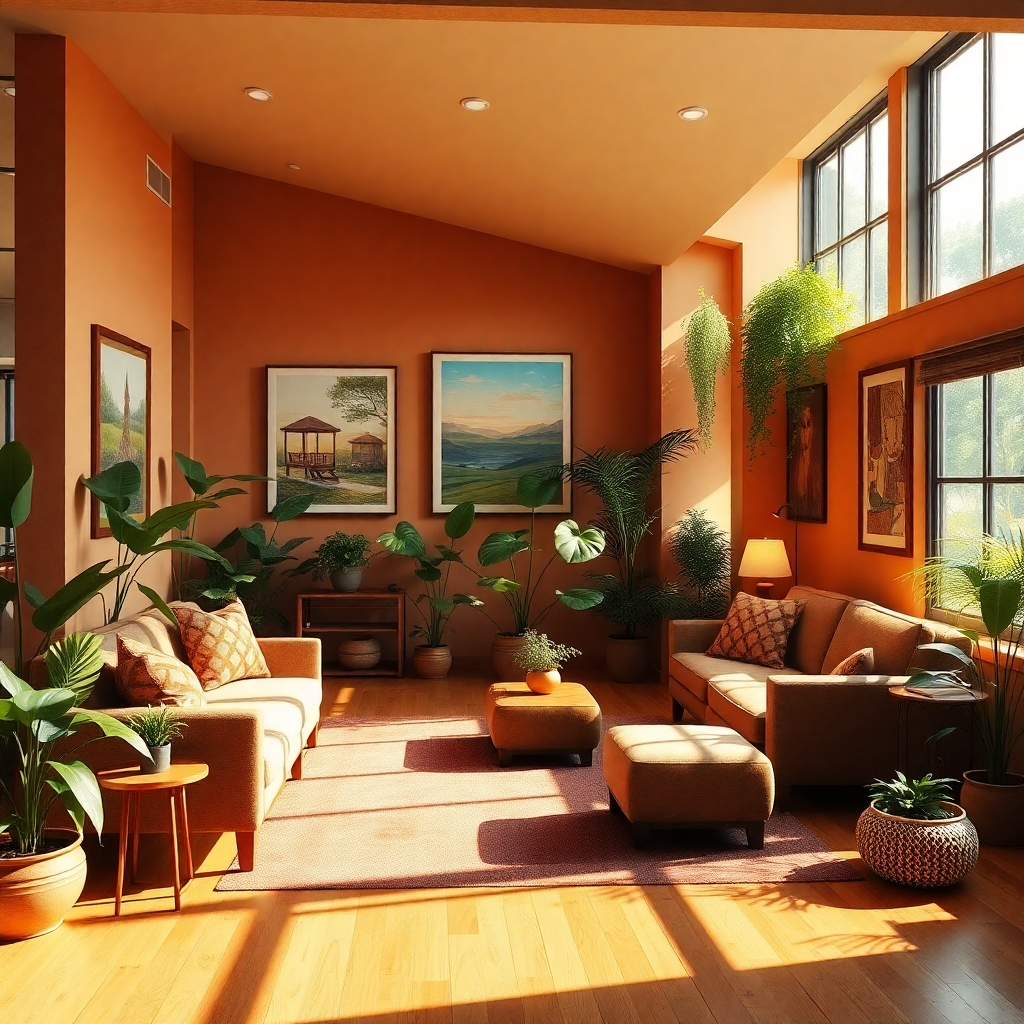 A photorealistic image of a warmly lit room with comfortable seating, filled with plants and inspiring artwork. The room is designed to create a sense of peace, tranquility, and community. 4K resolution.