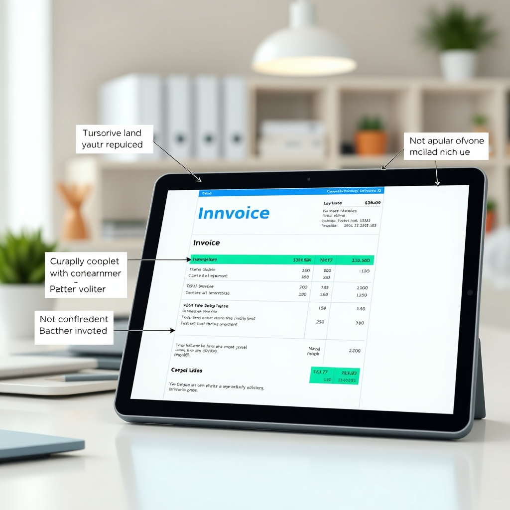 A photorealistic image of a well-designed invoice displayed on a tablet, with annotations and explanations highlighting key details. The background shows a clean and organized workspace. The lighting should be bright and even, emphasizing the clarity of the invoice. The color palette should be neutral, with accents of blue and green to convey professionalism and transparency. The camera angle should be slightly angled, providing a clear view of the tablet screen. Texture details: crisp and clear, emphasizing the legibility of the invoice. Style: Clean, modern, and informative. Technical specs: 8K resolution, photorealistic rendering.