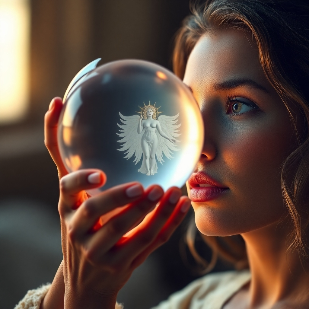 A photorealistic image of a woman gazing into a crystal ball, seeing a reflection of her inner self as a radiant Muse. The crystal ball is surrounded by soft, glowing light, and the woman's expression is one of wonder and discovery. 4K resolution.