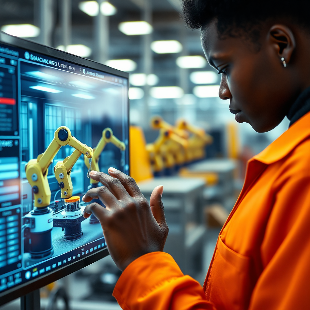 A photorealistic image of an African student working on a complex automation interface. The interface displays a visual representation of a factory with robotic arms assembling products. The lighting is soft and focused on the student's face, highlighting their concentration. Background: A blurred view of a modern factory floor. Camera angle: Close-up, emphasizing the student's interaction with the technology. Technical Specs: 4K resolution, detailed textures.