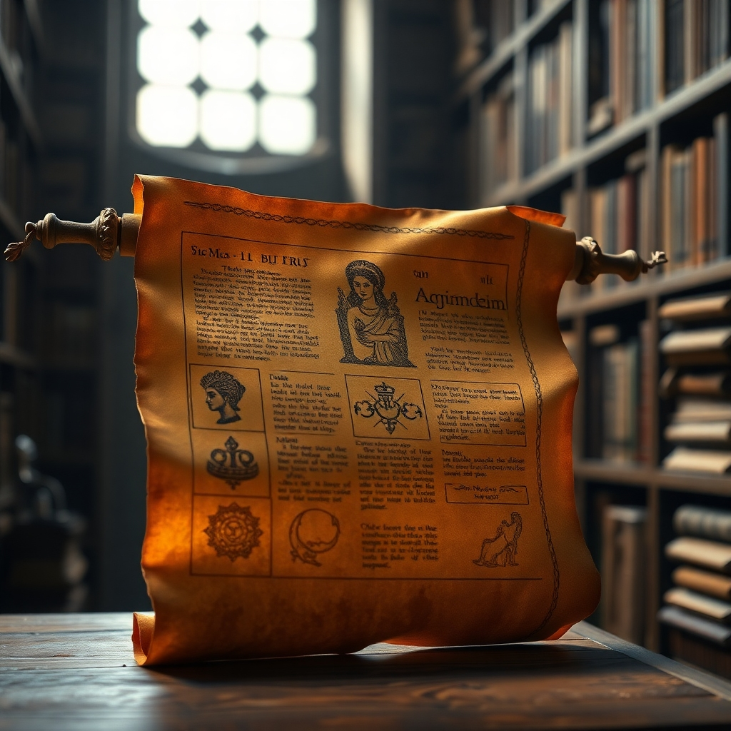 A photorealistic image of an ancient scroll, partially unfurled, revealing symbols of feminine wisdom and ancient knowledge. The scroll is bathed in soft, warm light, highlighting its aged texture and intricate details. The background is a blurred library filled with dusty books. The image should evoke a sense of history, mystery, and inner knowing. 4K resolution.