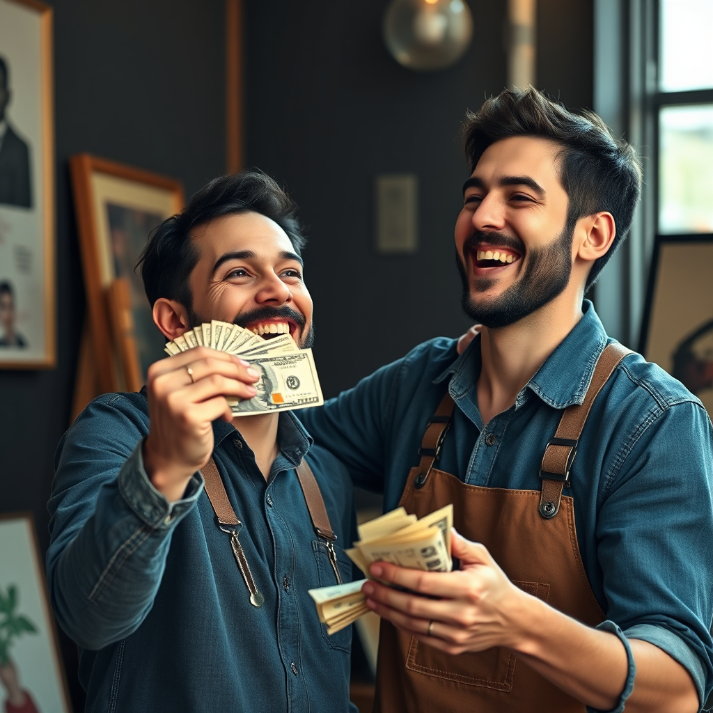 A photorealistic image of an artist receiving payment for their work, with a big smile, celebrating, and showing money. High quality, 4K resolution.