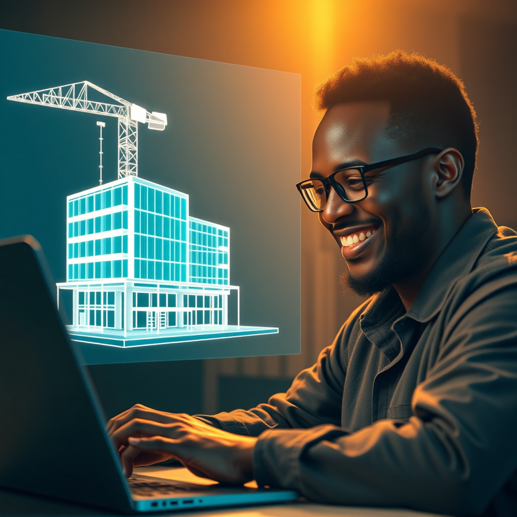 A photorealistic image of an African software engineer coding on a laptop, with a holographic projection of a building being constructed in the background. The engineer is smiling confidently, symbolizing their ability to bring ideas to life. The lighting is warm and empowering. Camera angle: Close-up, emphasizing the engineer's focus and creativity. Technical Specs: 4K resolution, sharp focus.