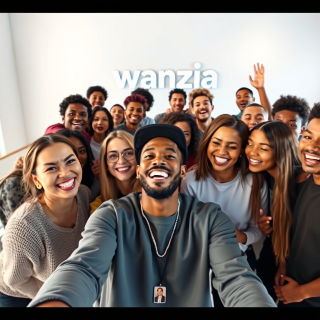 A photorealistic image showcasing a group of diverse fans interacting with an artist during a virtual meet-and-greet. The fans are smiling and engaged, while the artist is responding with enthusiasm. The scene is set within a modern, minimalist virtual space, with the Wanzia logo subtly displayed in the background. The overall feeling is one of connection, community, and shared passion. Use a wide-angle lens to capture the energy of the group. High quality, 4K resolution.