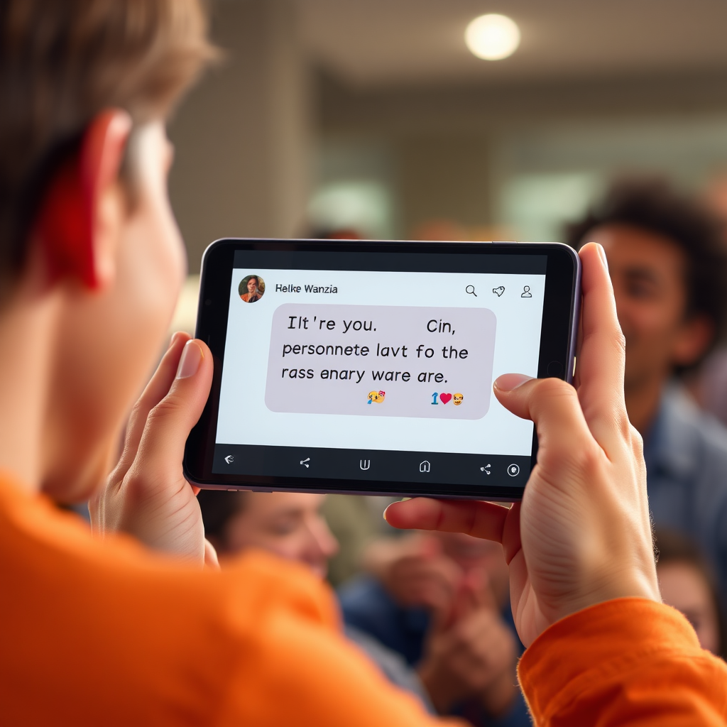 A photorealistic image showcasing a fan receiving a personalized message from an artist on a digital device. The fan is smiling and reacting with excitement. The message is displayed in a creative and engaging format, highlighting the unique features of the Wanzia platform. High quality, 4K resolution.