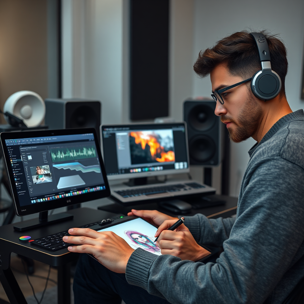 A photorealistic image showcasing an artist using a variety of digital tools to create a piece of art. The tools include a digital drawing tablet, a music production software, and a video editing software. The artist is focused and engaged, with a look of determination on their face. The background is a modern and minimalist studio space. High quality, 4K resolution.