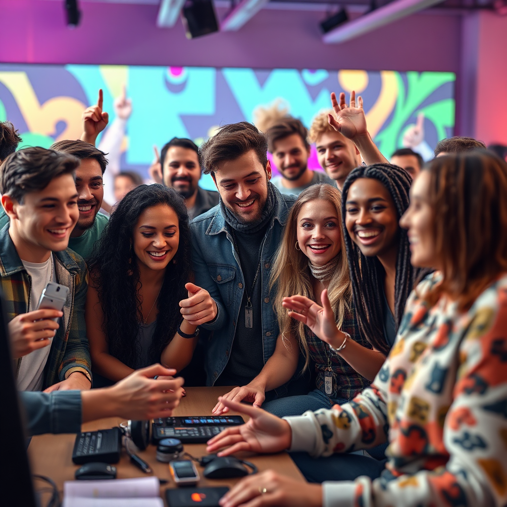 A photorealistic image showcasing a diverse group of artists and fans collaborating on a project in a virtual space. The group is engaged and enthusiastic, with a shared passion for creativity. The background is a vibrant and colorful virtual environment. High quality, 4K resolution.