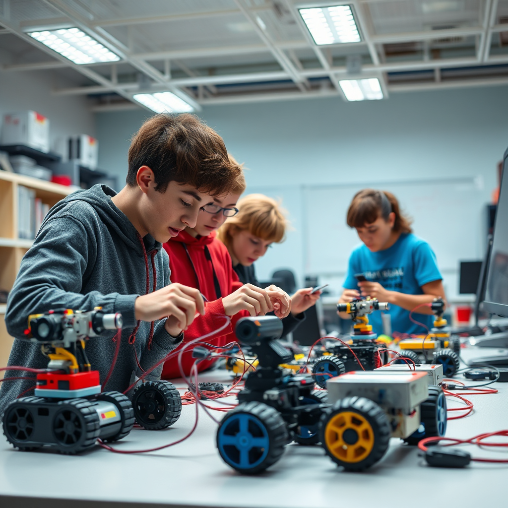 A photorealistic image showcasing students working on a robotics project in a well-equipped lab. The students are actively engaged in assembling, programming, and testing their robots. The lighting is bright and focused on the students and their work. Camera angle: Medium shot, capturing the collaborative and hands-on nature of the training. Technical Specs: 4K resolution, detailed textures.